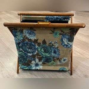 Vintage MCM 70s Folding Magazine Newspaper Stand, Fabric Pocket Wooden Frame